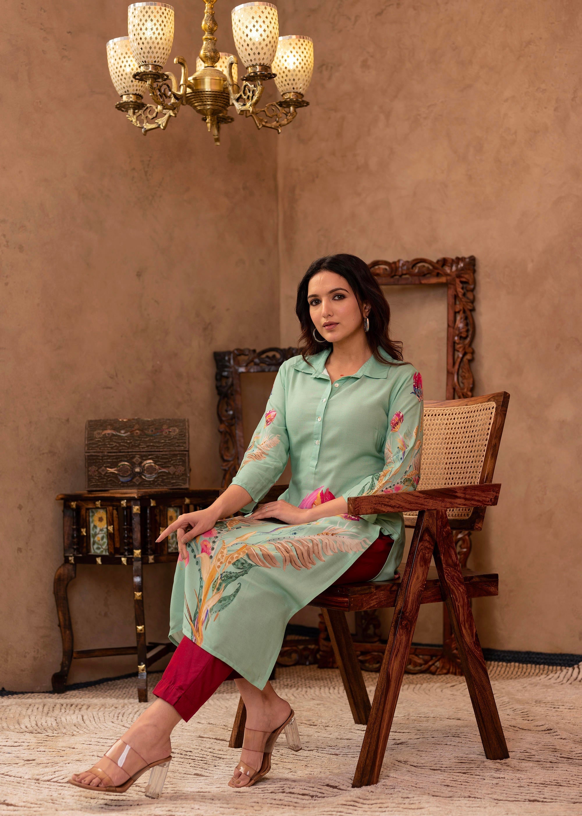 Juniper Mint Floral Printed Viscose Kurta with Shell Buttons