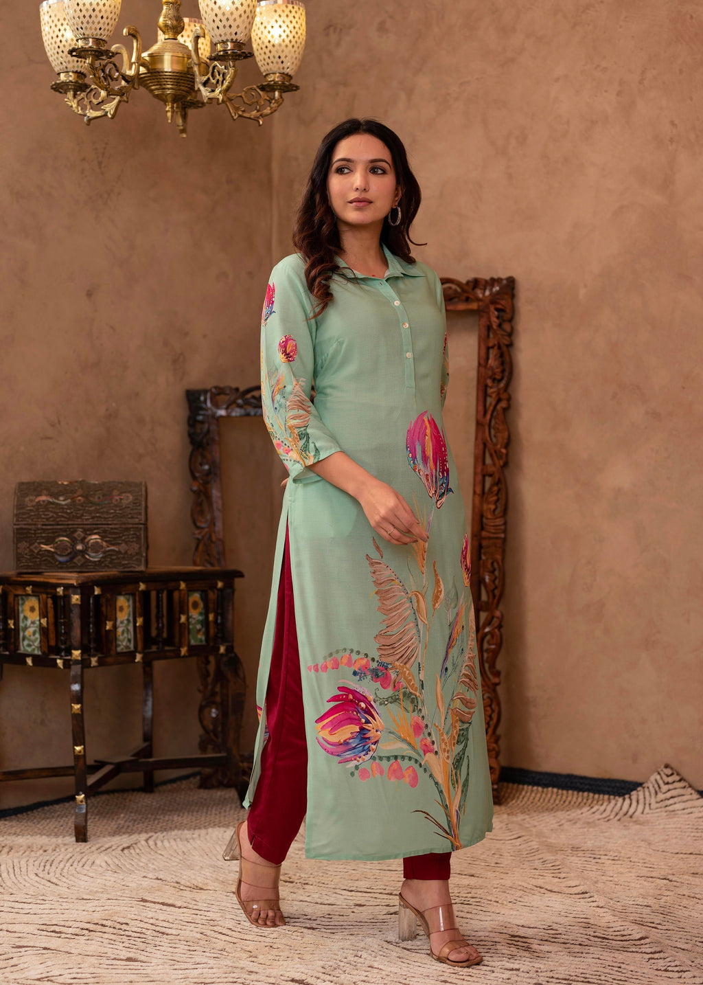 Juniper Mint Floral Printed Viscose Kurta with Shell Buttons