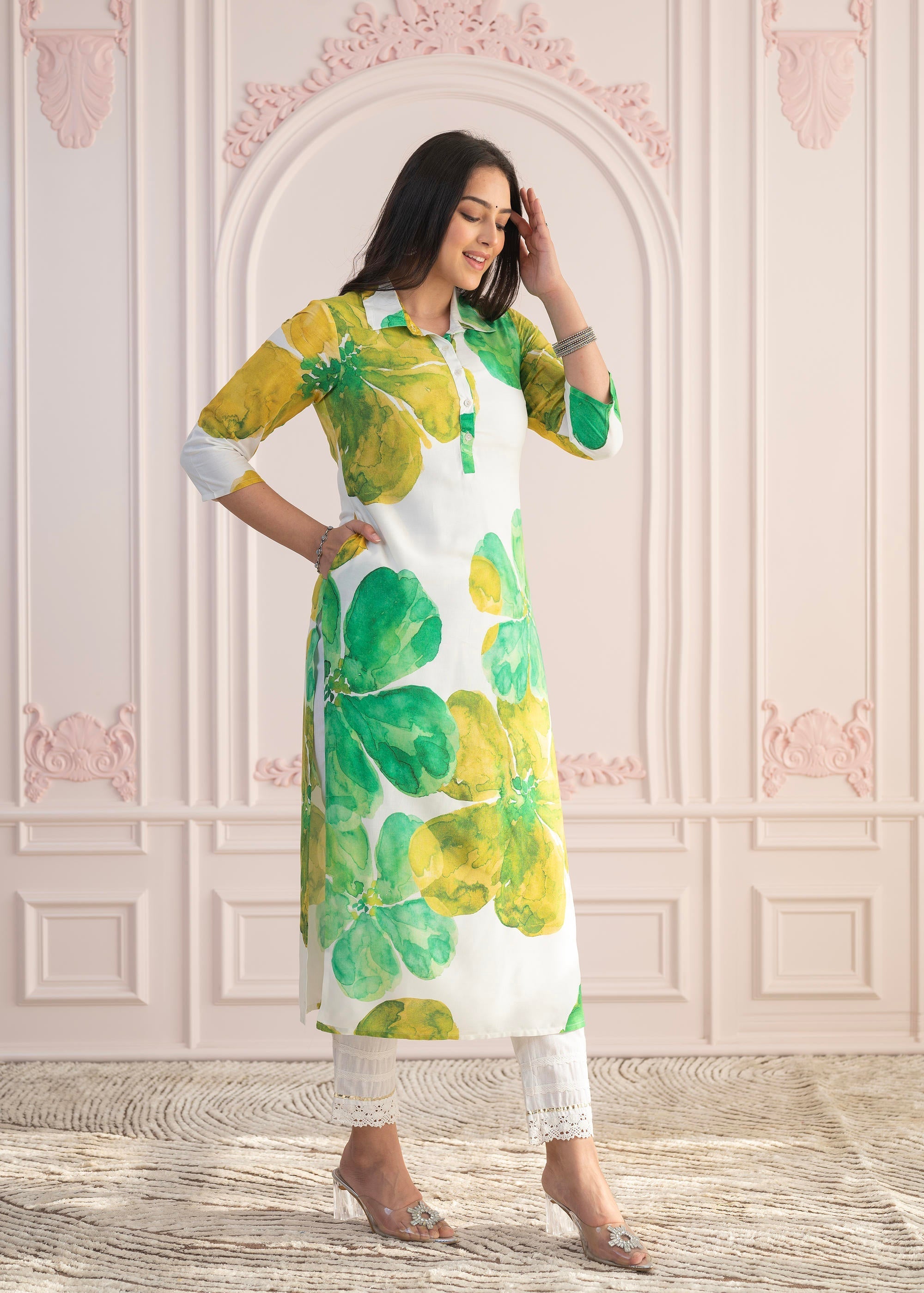 Juniper Green Floral Printed Viscose Kurta with Button Closure