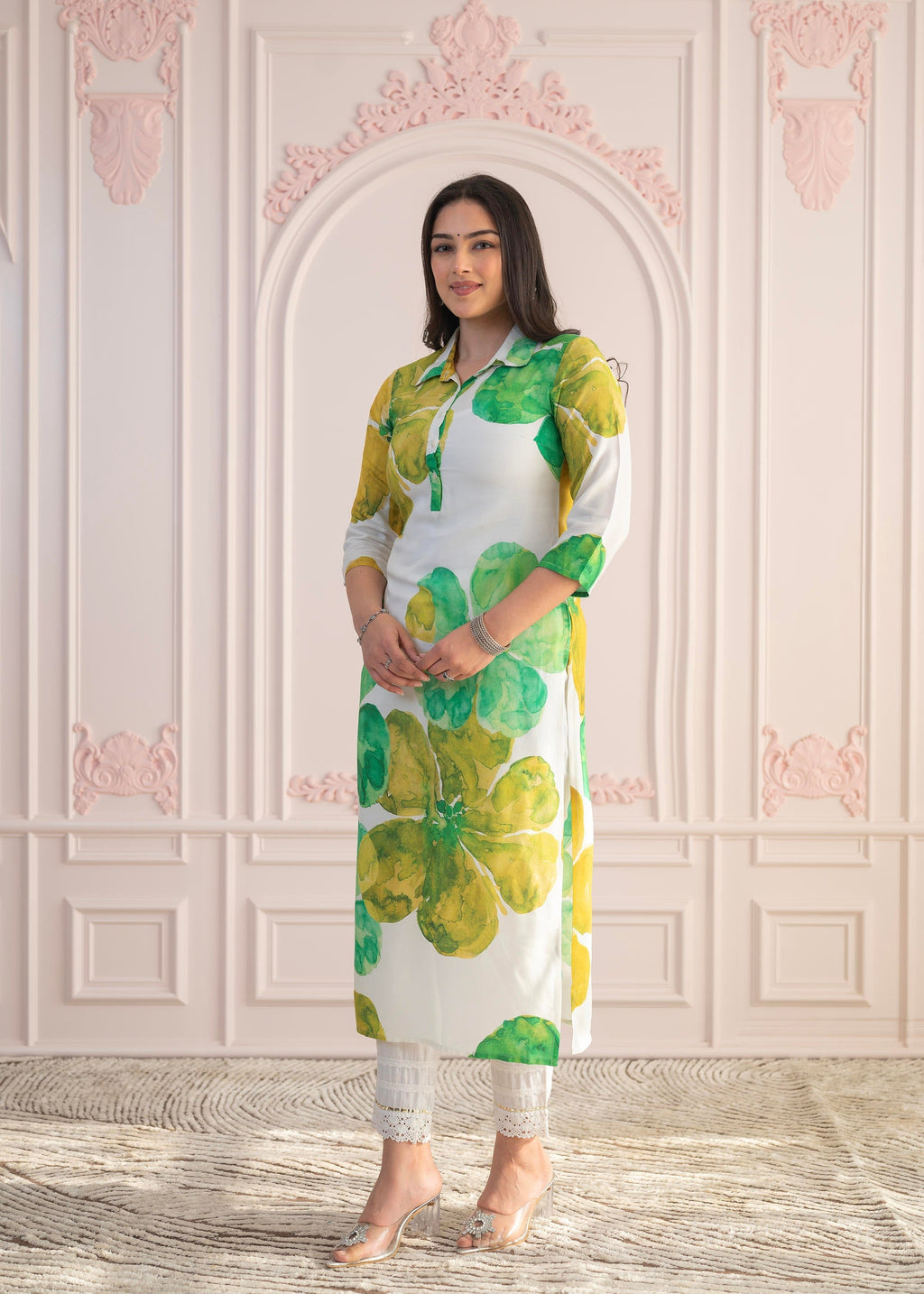 Juniper Green Floral Printed Viscose Kurta with Button Closure