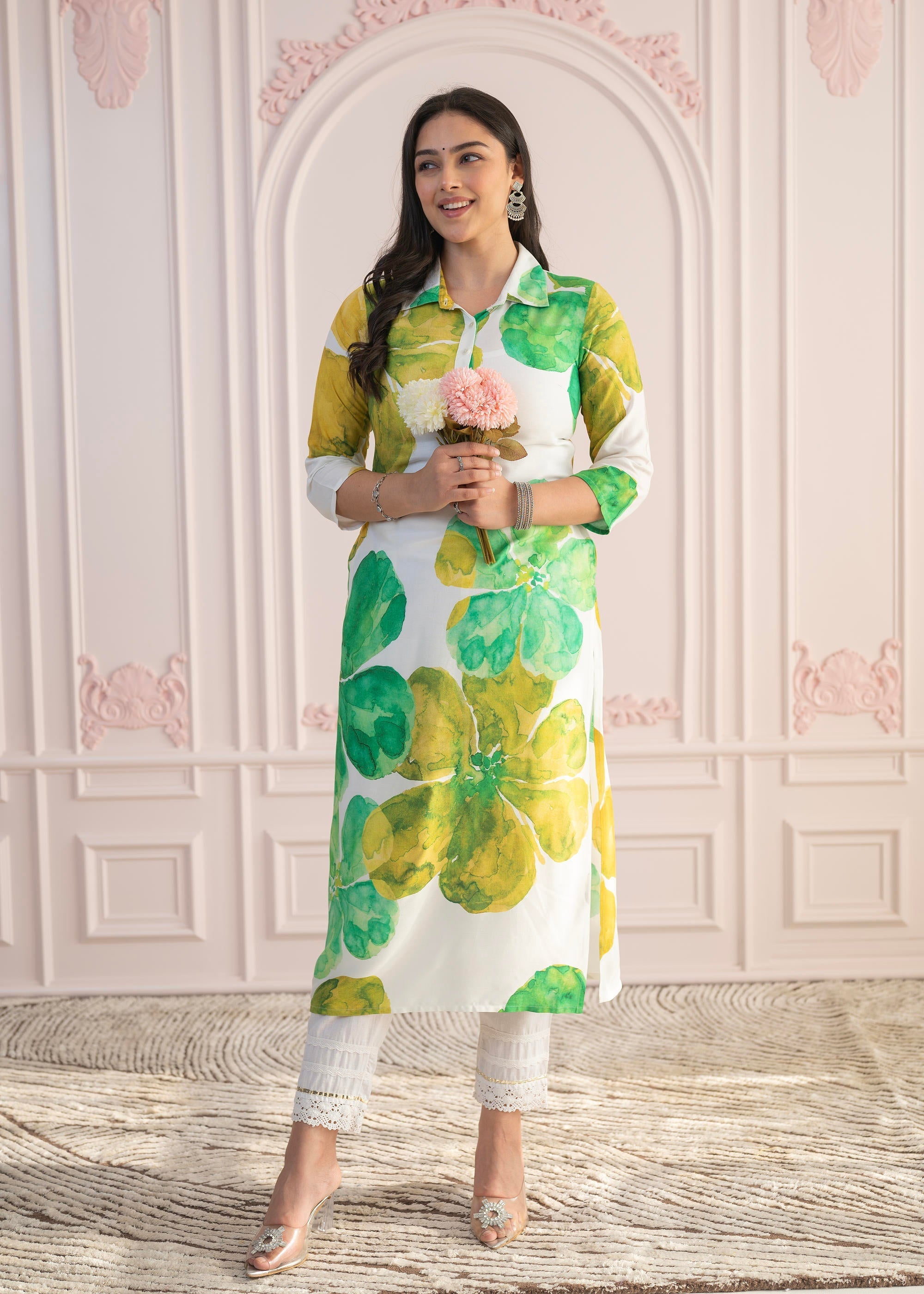 Juniper Green Floral Printed Viscose Kurta with Button Closure