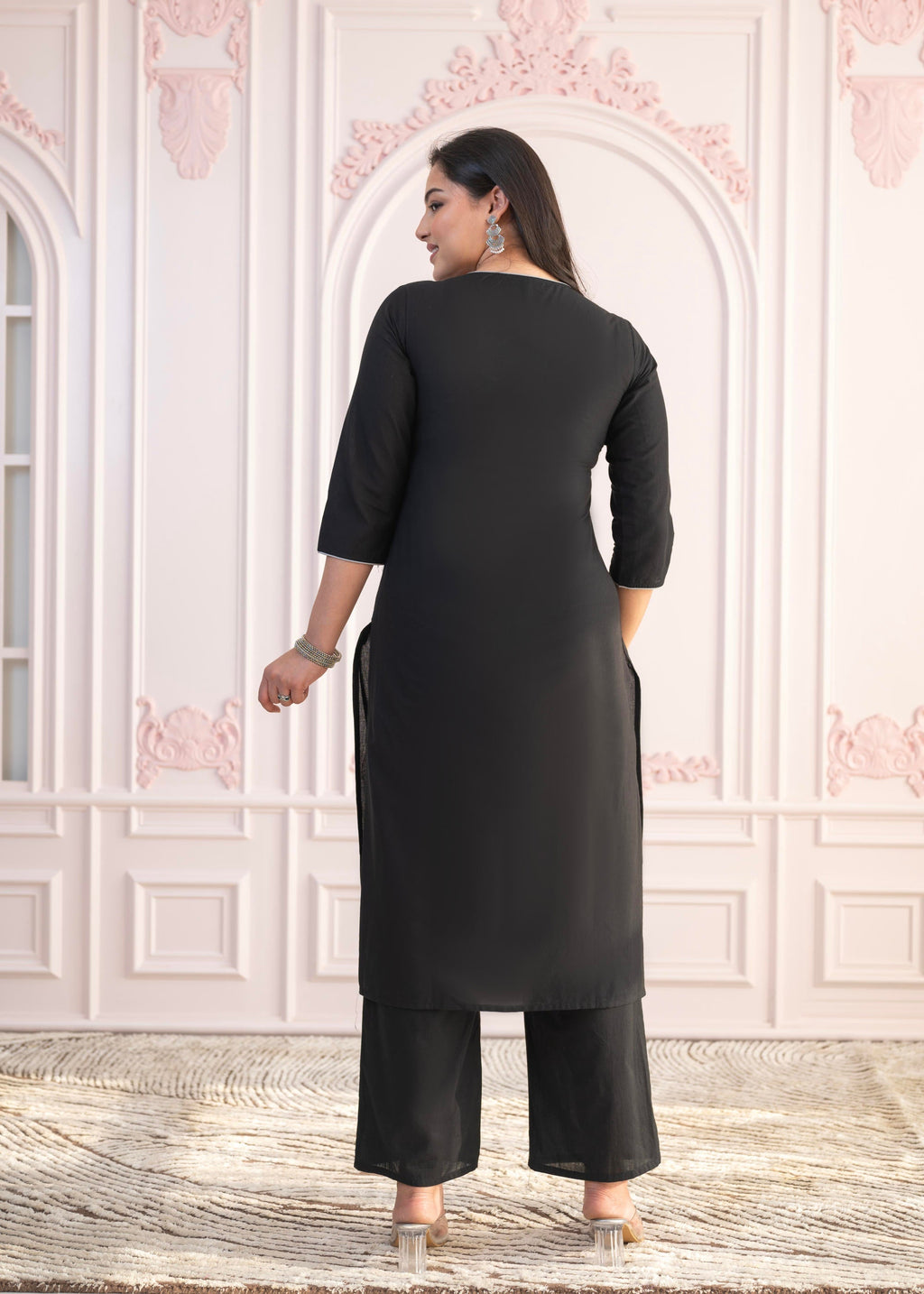 Juniper Black Floral Embroidered Cotton Slub Kurta with Palazzo