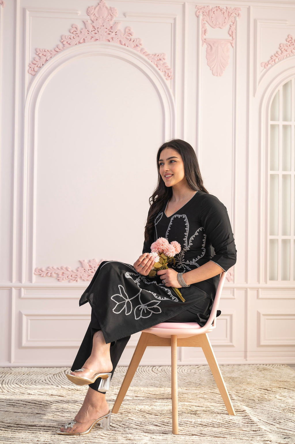 Juniper Black Floral Embroidered Cotton Slub Kurta With Palazzo