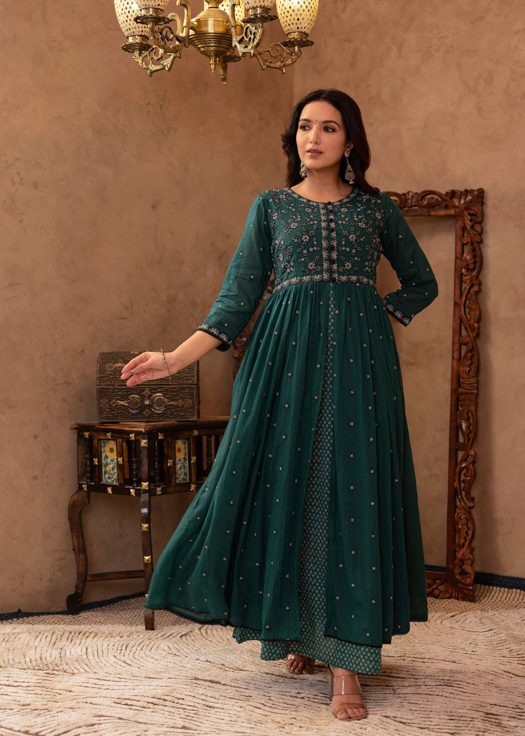 Juniper Green Floral Embroidered Cotton Dress with Button Details