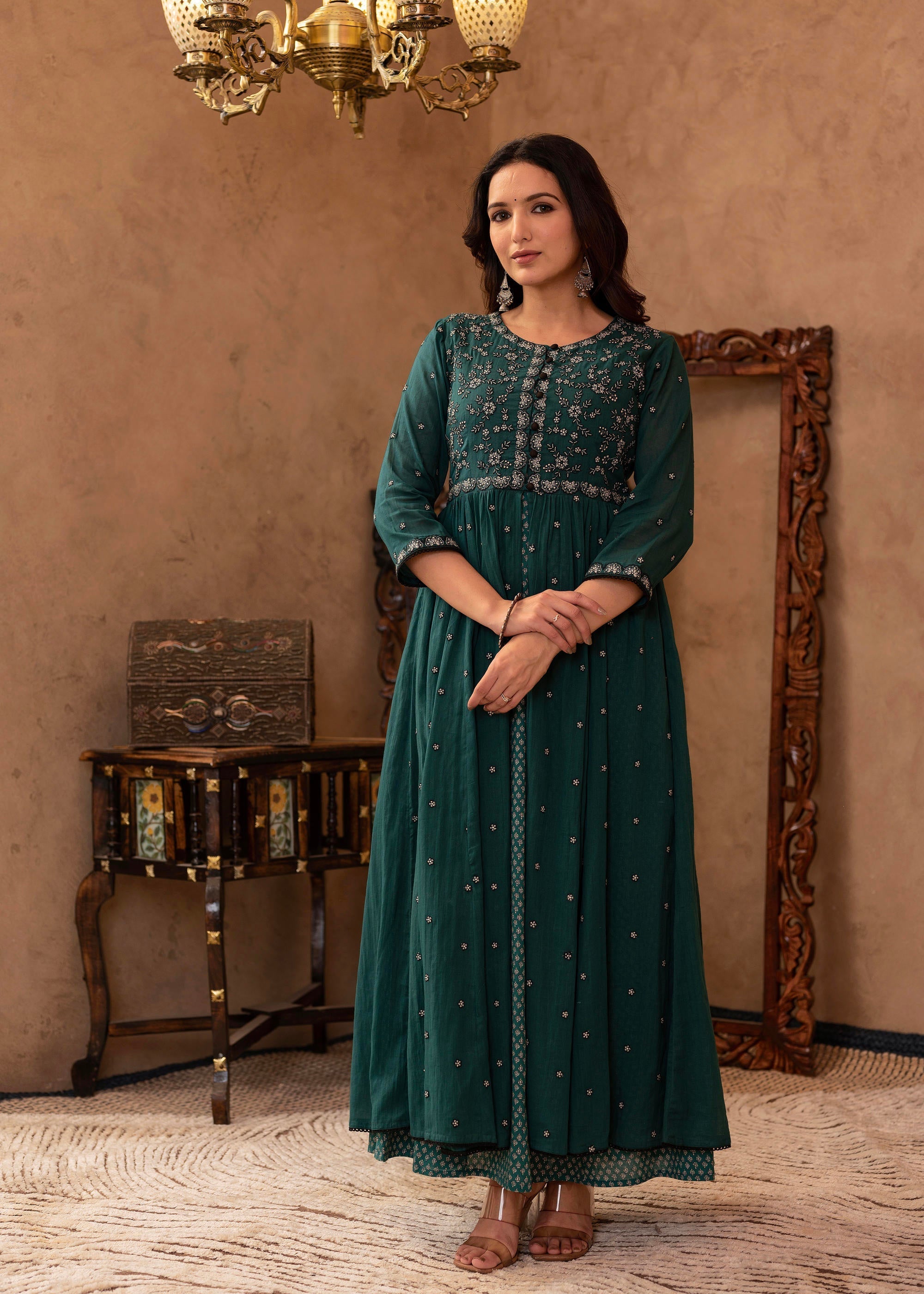 Juniper Green Floral Embroidered Cotton Dress with Button Details