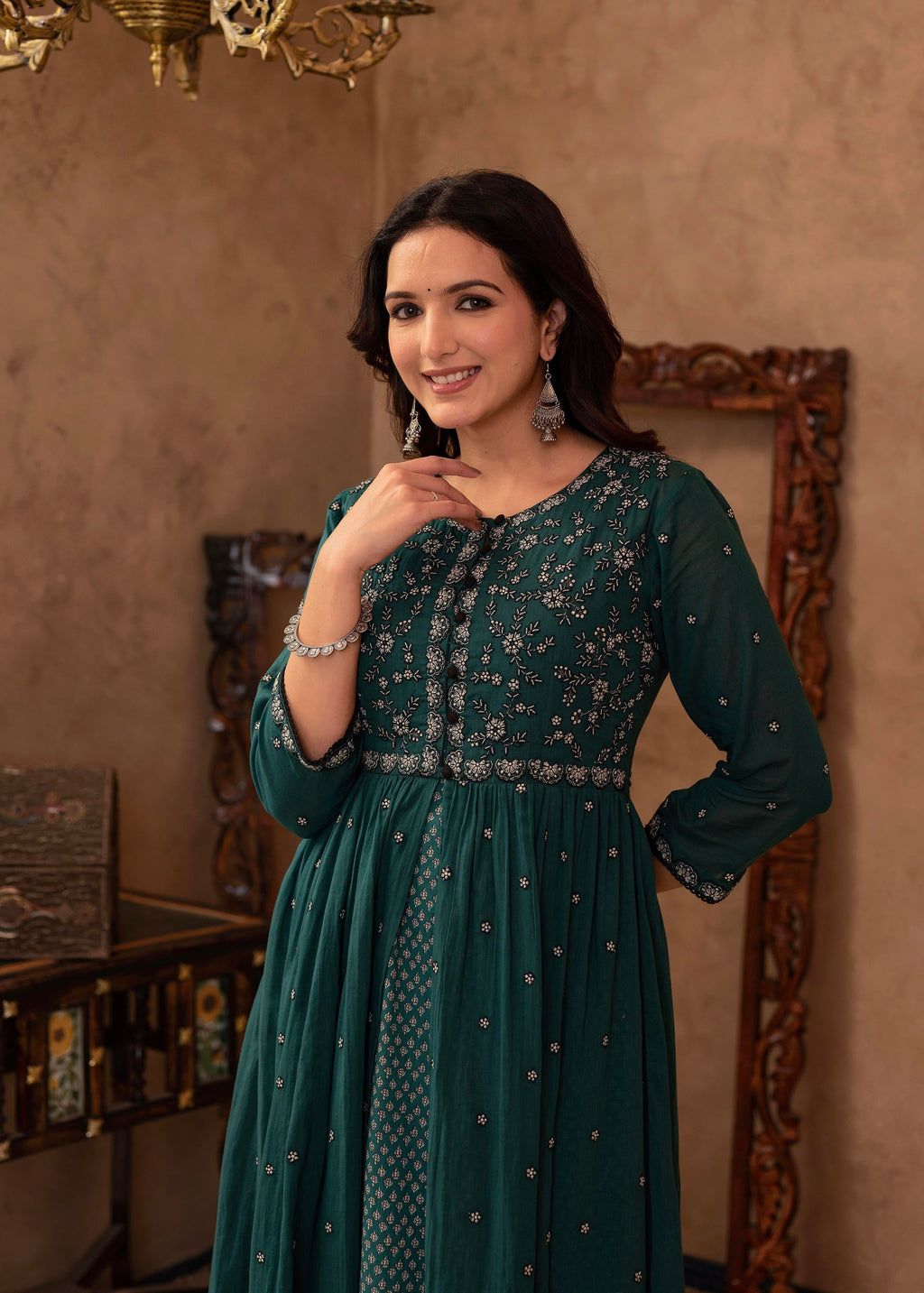 Juniper Green Floral Embroidered Cotton Dress with Button Details