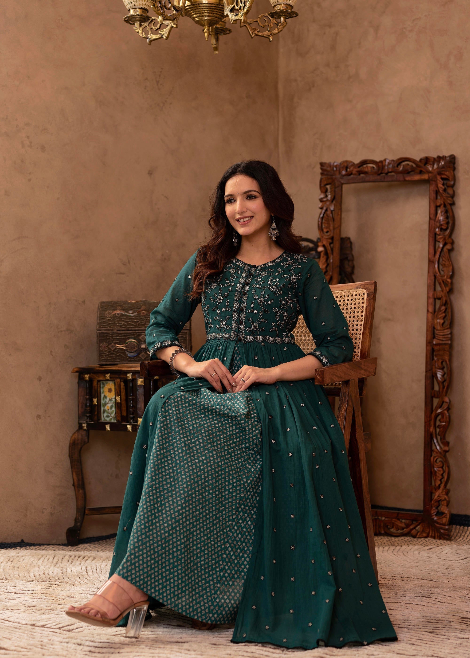 Juniper Green Floral Embroidered Cotton Dress with Button Details