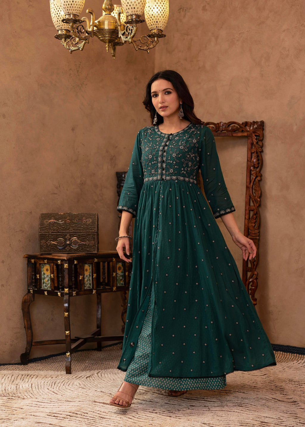 Juniper Green Floral Embroidered Cotton Dress with Button Details