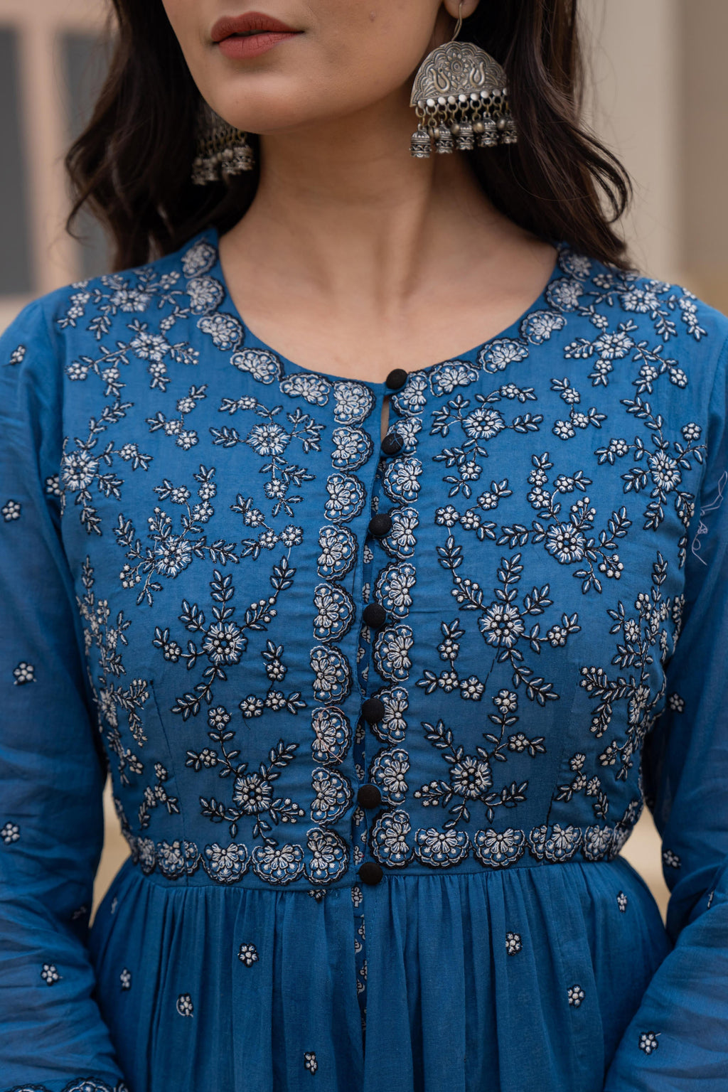 Juniper Indigo Floral Embroidered Cotton Dress with Button Closure & Cotton Lace