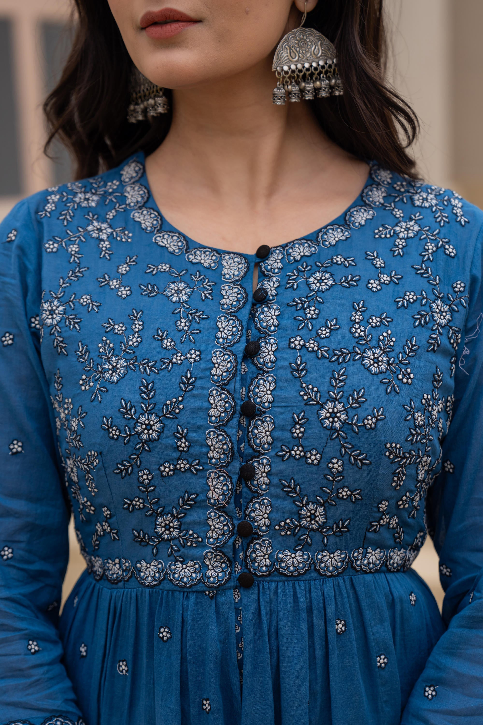 Juniper Indigo Floral Embroidered Cotton Dress with Button Closure & Cotton Lace