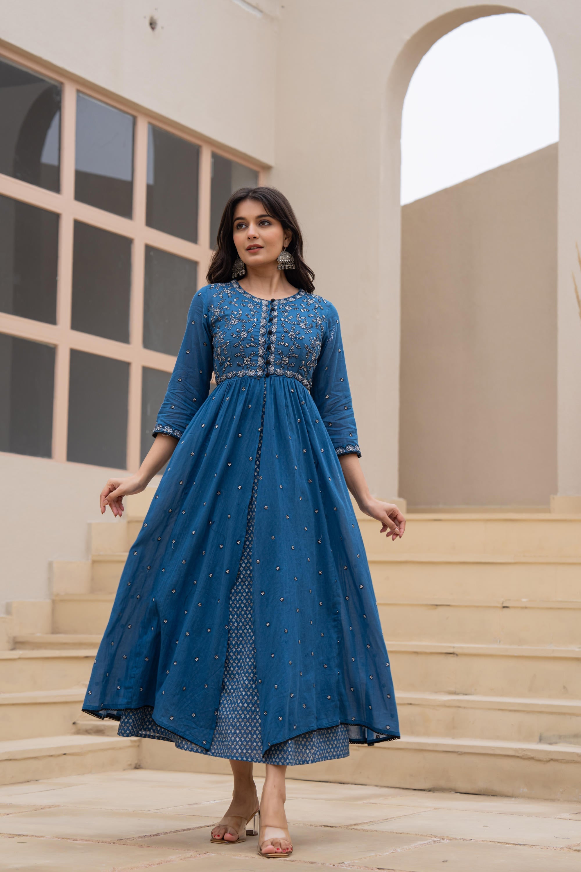 Juniper Indigo Floral Embroidered Cotton Dress with Button Closure & Cotton Lace