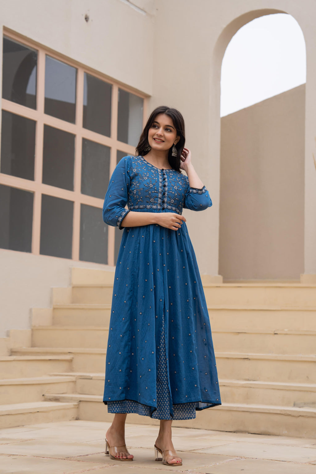 Juniper Indigo Floral Embroidered Cotton Dress with Button Closure & Cotton Lace