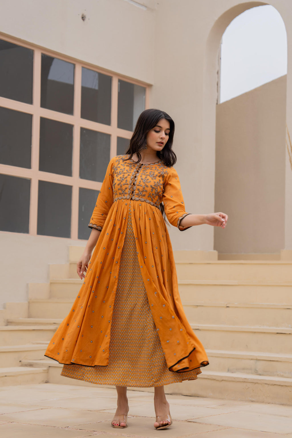 Juniper Mustard Floral Embroidered Cotton Dress with Button Closure & Cotton Lace