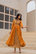 Juniper Mustard Floral Embroidered Cotton Dress with Button Closure & Cotton Lace