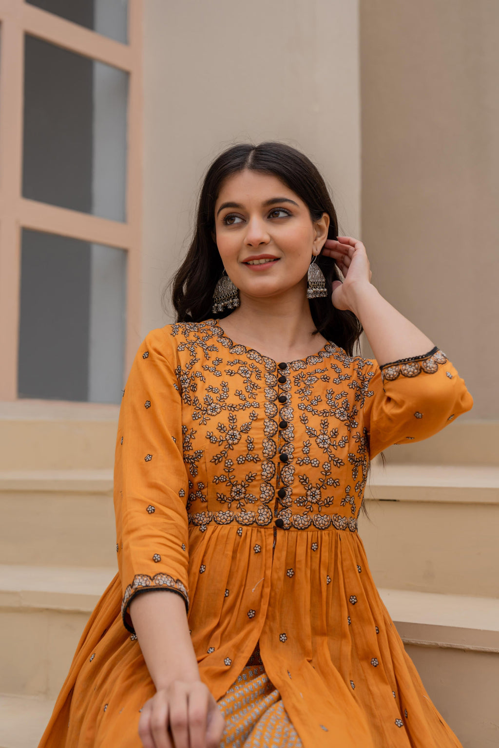 Juniper Mustard Floral Embroidered Cotton Dress with Button Closure & Cotton Lace