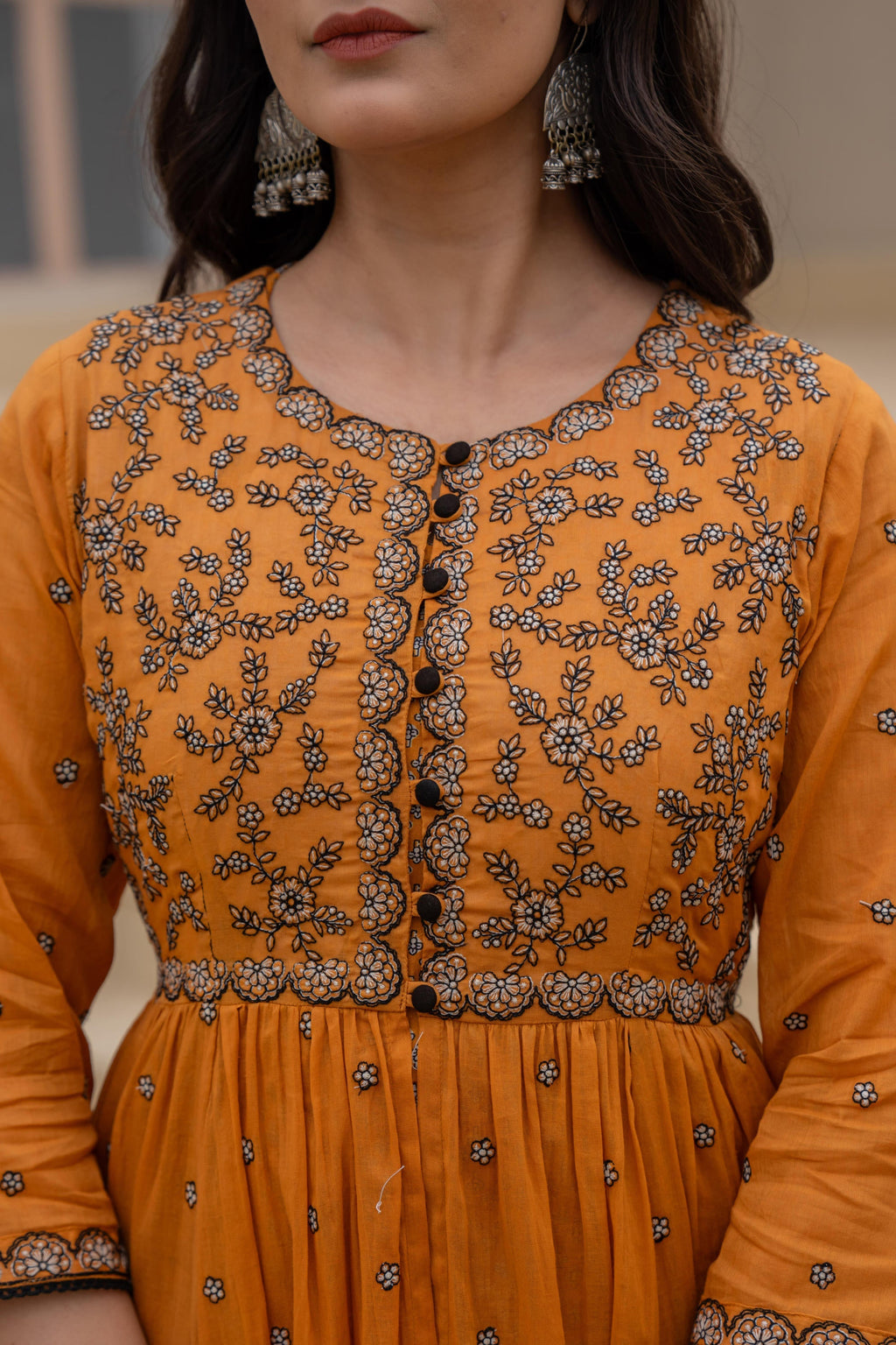 Juniper Mustard Floral Embroidered Cotton Dress with Button Closure & Cotton Lace