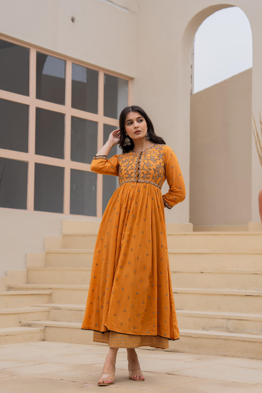 Juniper Mustard Floral Embroidered Cotton Dress with Button Closure & Cotton Lace