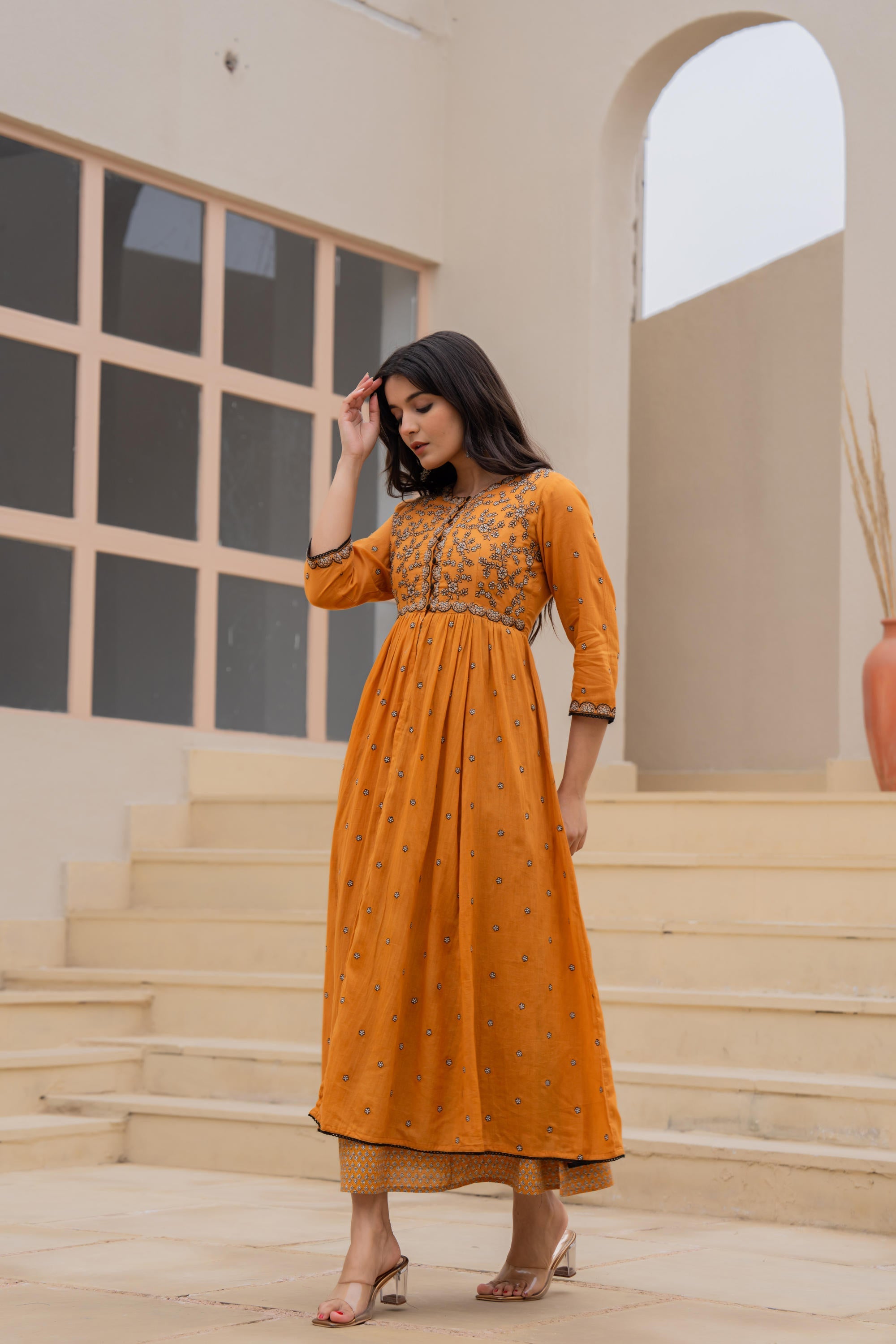 Juniper Mustard Floral Embroidered Cotton Dress with Button Closure & Cotton Lace