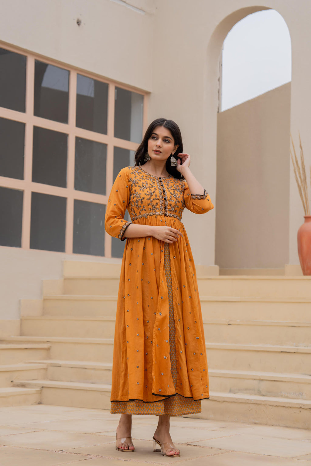 Juniper Mustard Floral Embroidered Cotton Dress with Button Closure & Cotton Lace