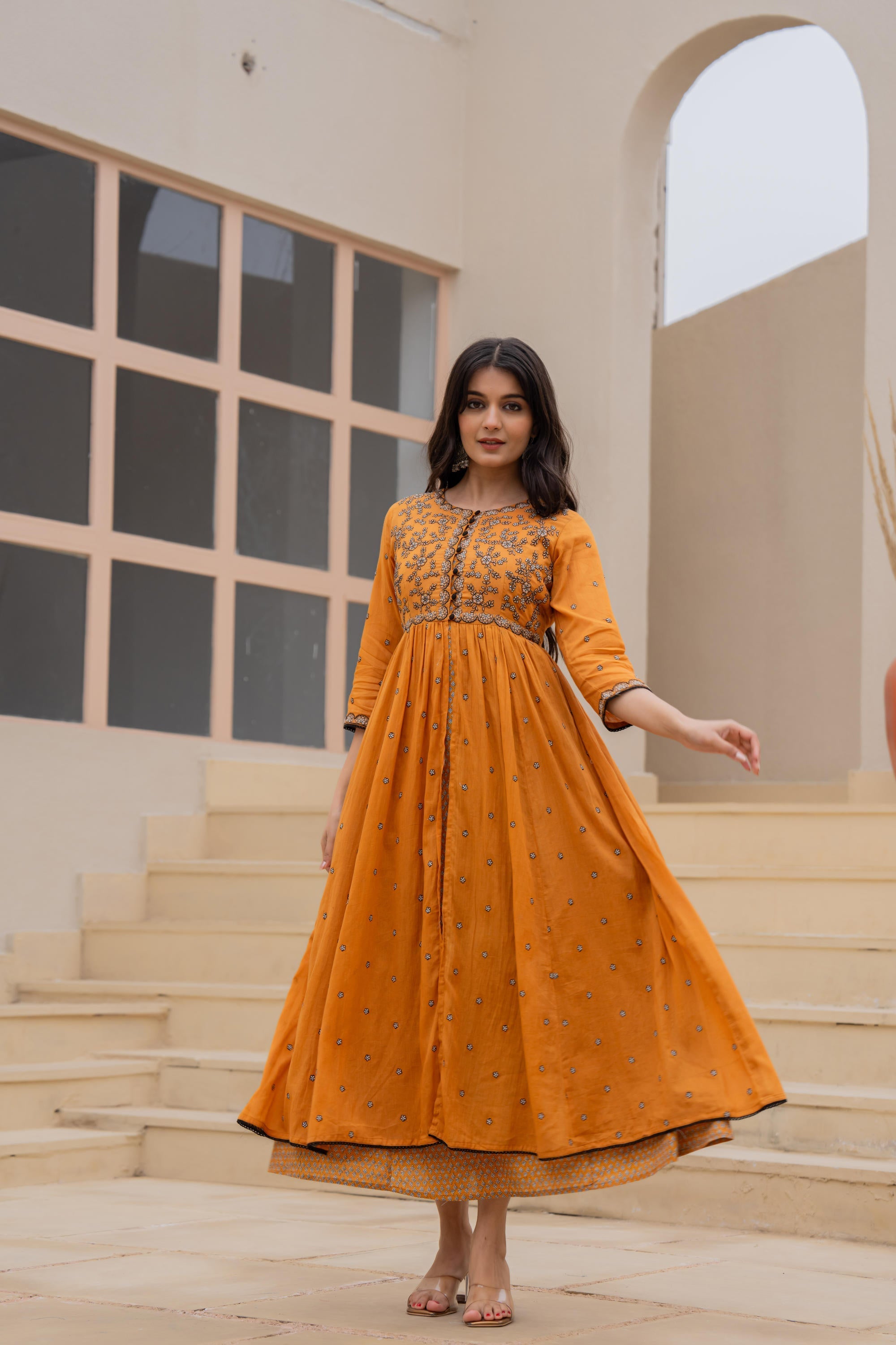 Juniper Mustard Floral Embroidered Cotton Dress with Button Closure & Cotton Lace