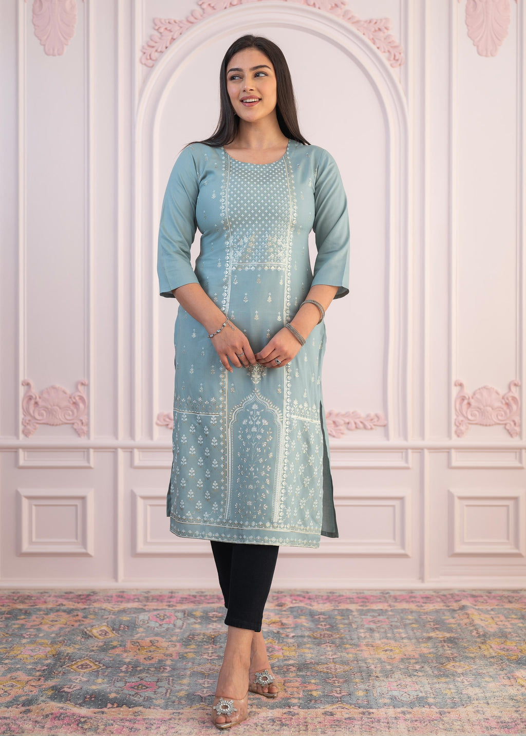 Juniper Women's Mint Printed Viscose Straight Fit Kurta