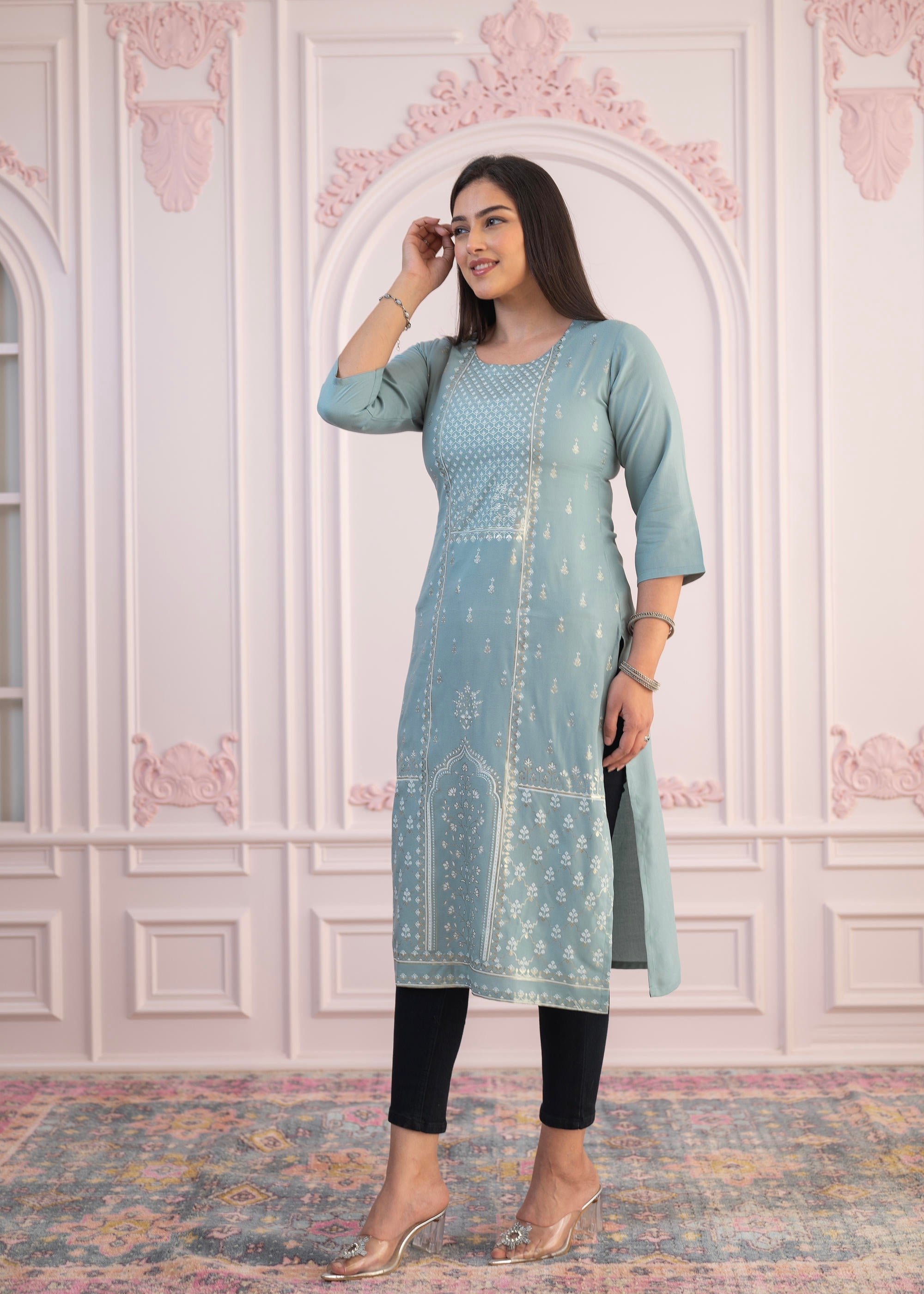 Juniper Women's Mint Printed Viscose Straight Fit Kurta