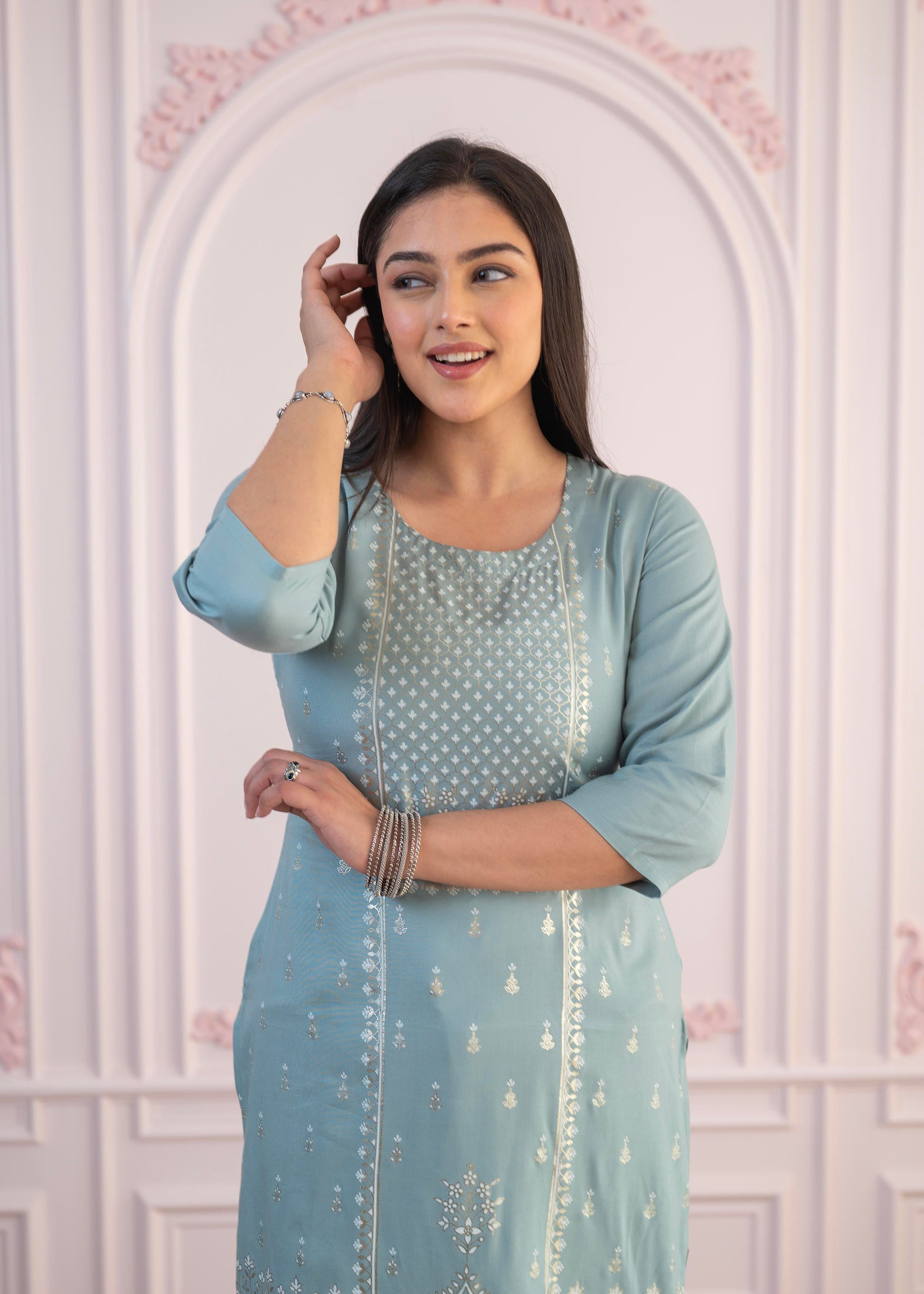 Juniper Women's Mint Printed Viscose Straight Fit Kurta