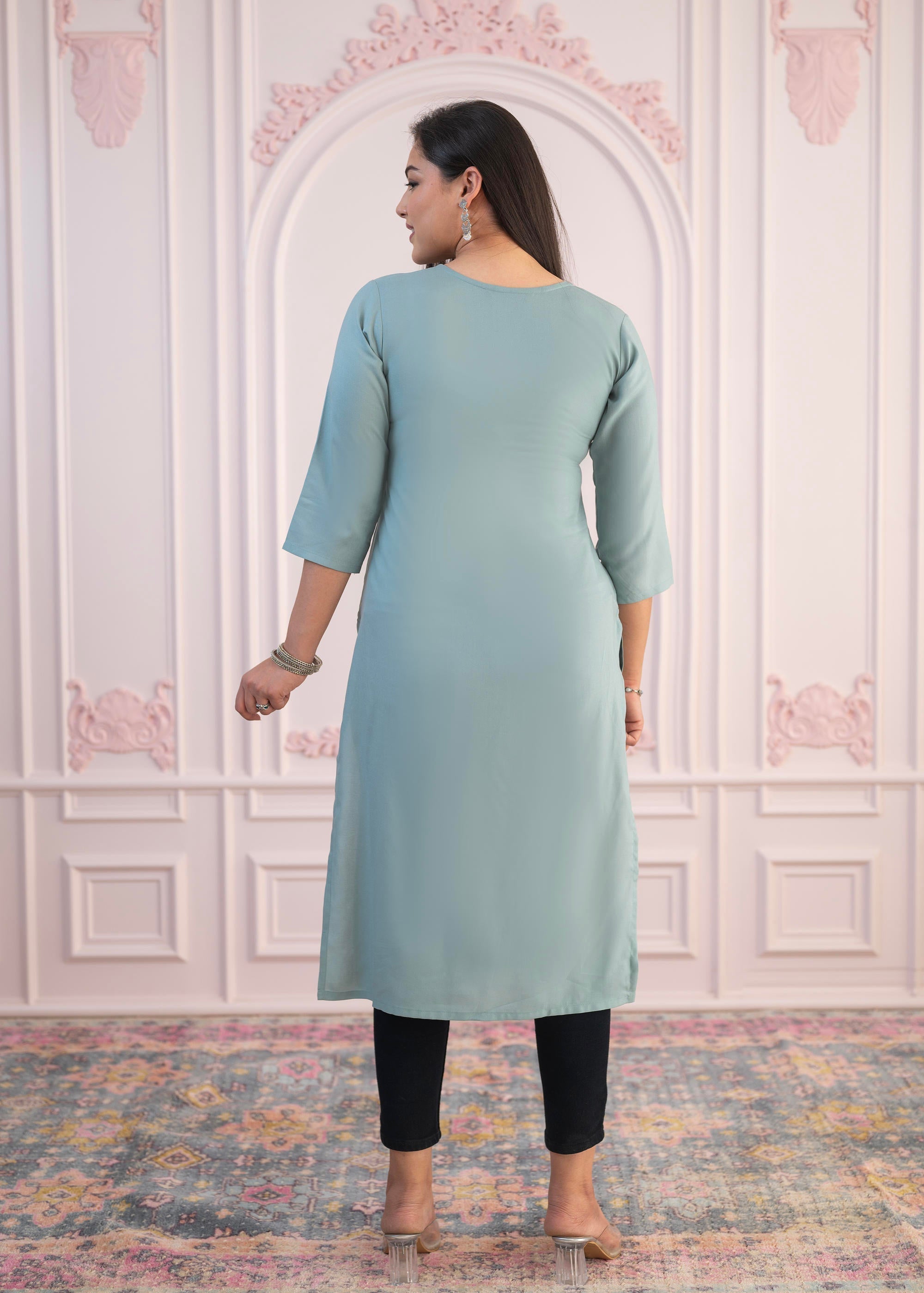 Juniper Women's Mint Printed Viscose Straight Fit Kurta