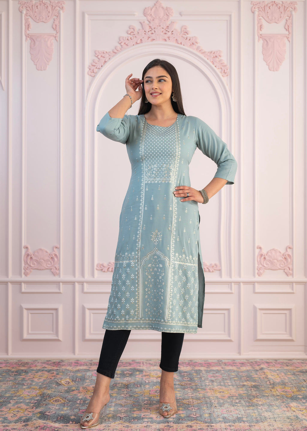 Juniper Women's Mint Printed Viscose Straight Fit Kurta