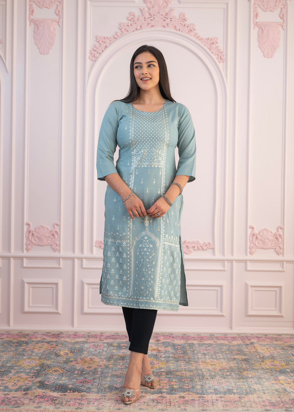 Juniper Women's Mint Printed Viscose Straight Fit Kurta