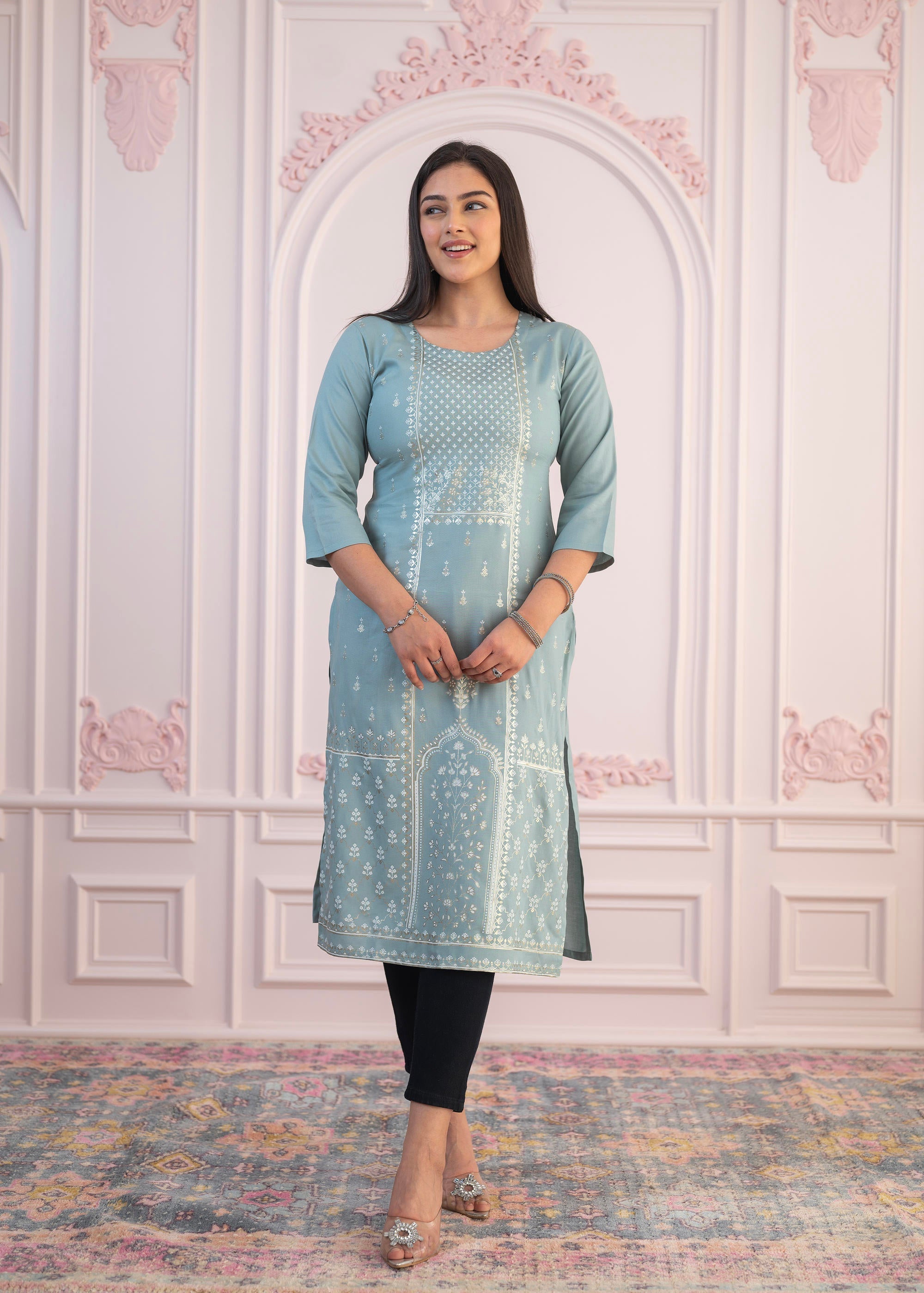 Juniper Women's Mint Printed Viscose Straight Fit Kurta