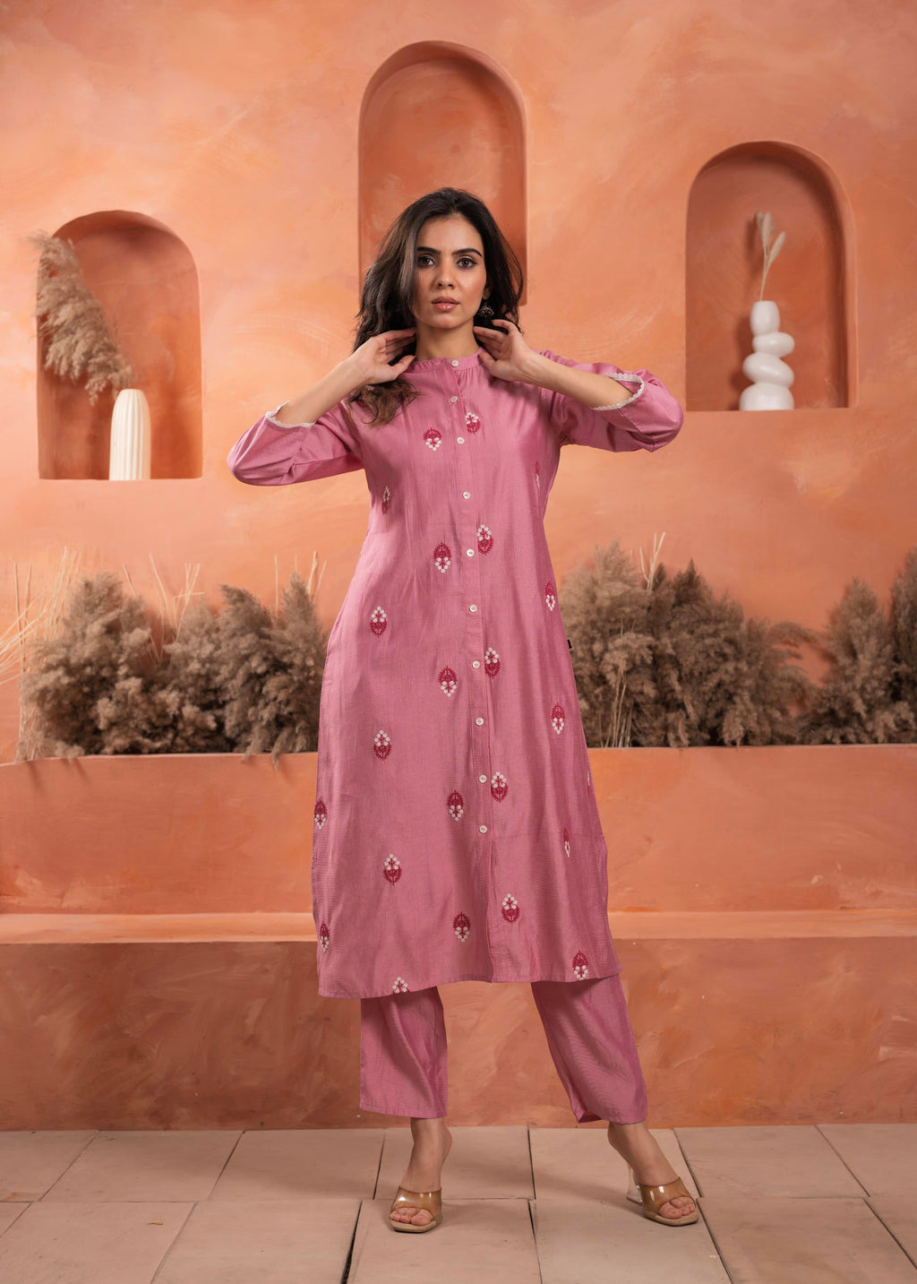 Juniper Pink Olive embroiderd kurta and solid bottom with cotton lace