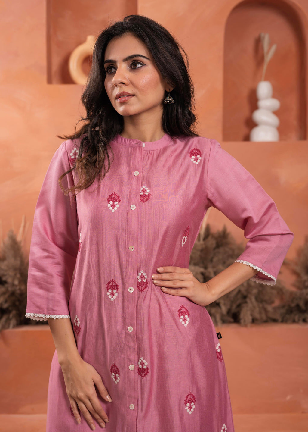 Juniper Pink Olive embroiderd kurta and solid bottom with cotton lace