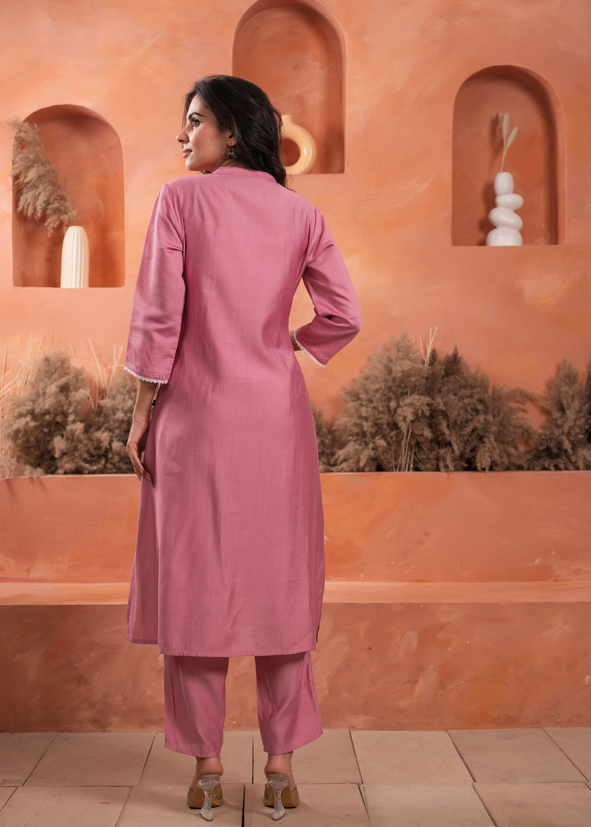 Juniper Pink Olive embroiderd kurta and solid bottom with cotton lace