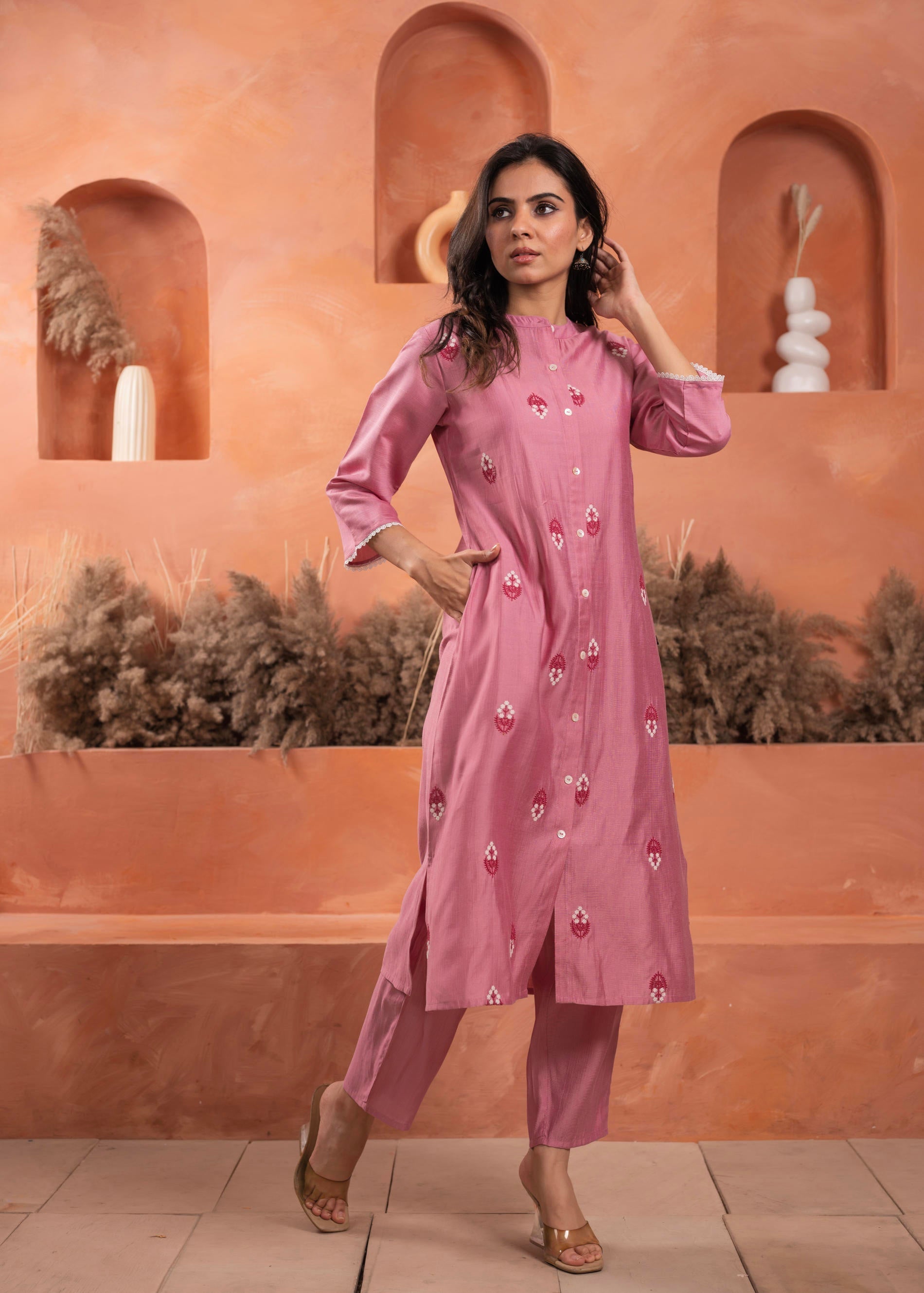 Juniper Pink Olive embroiderd kurta and solid bottom with cotton lace