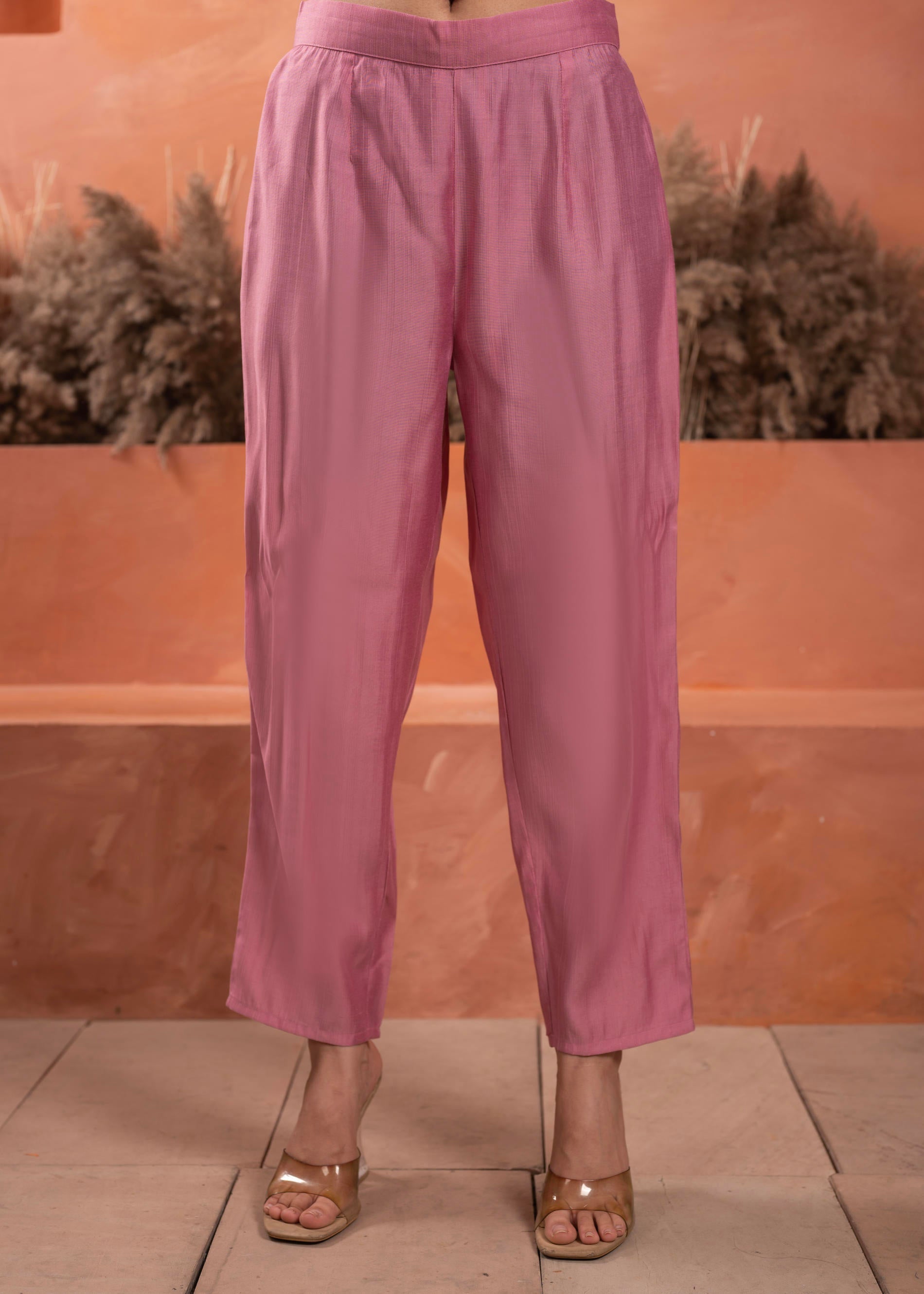 Juniper Pink Olive embroiderd kurta and solid bottom with cotton lace