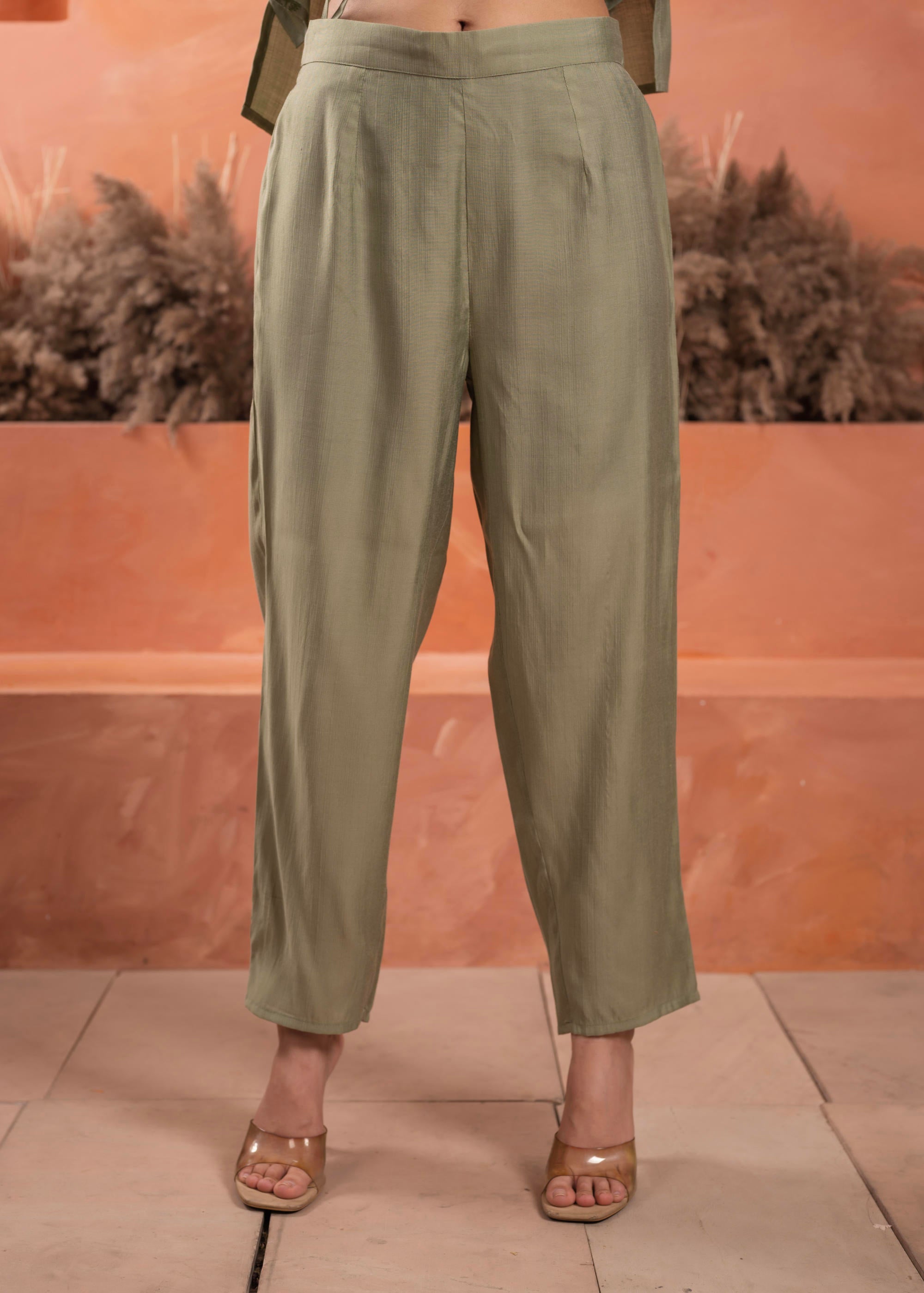 Juniper Olive Embroidered Kurta And Solid Bottom With Cotton Lace And Buttons
