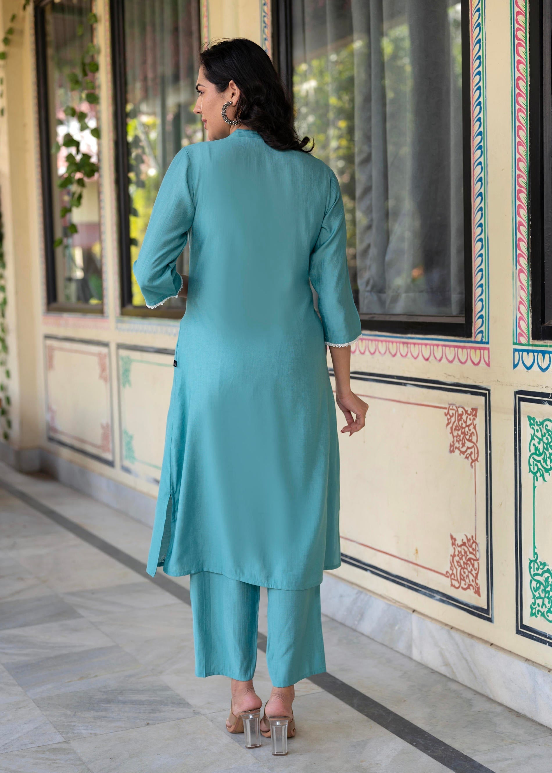 Juniper Turquoise embroiderd kurta and solid bottom with cotton lace