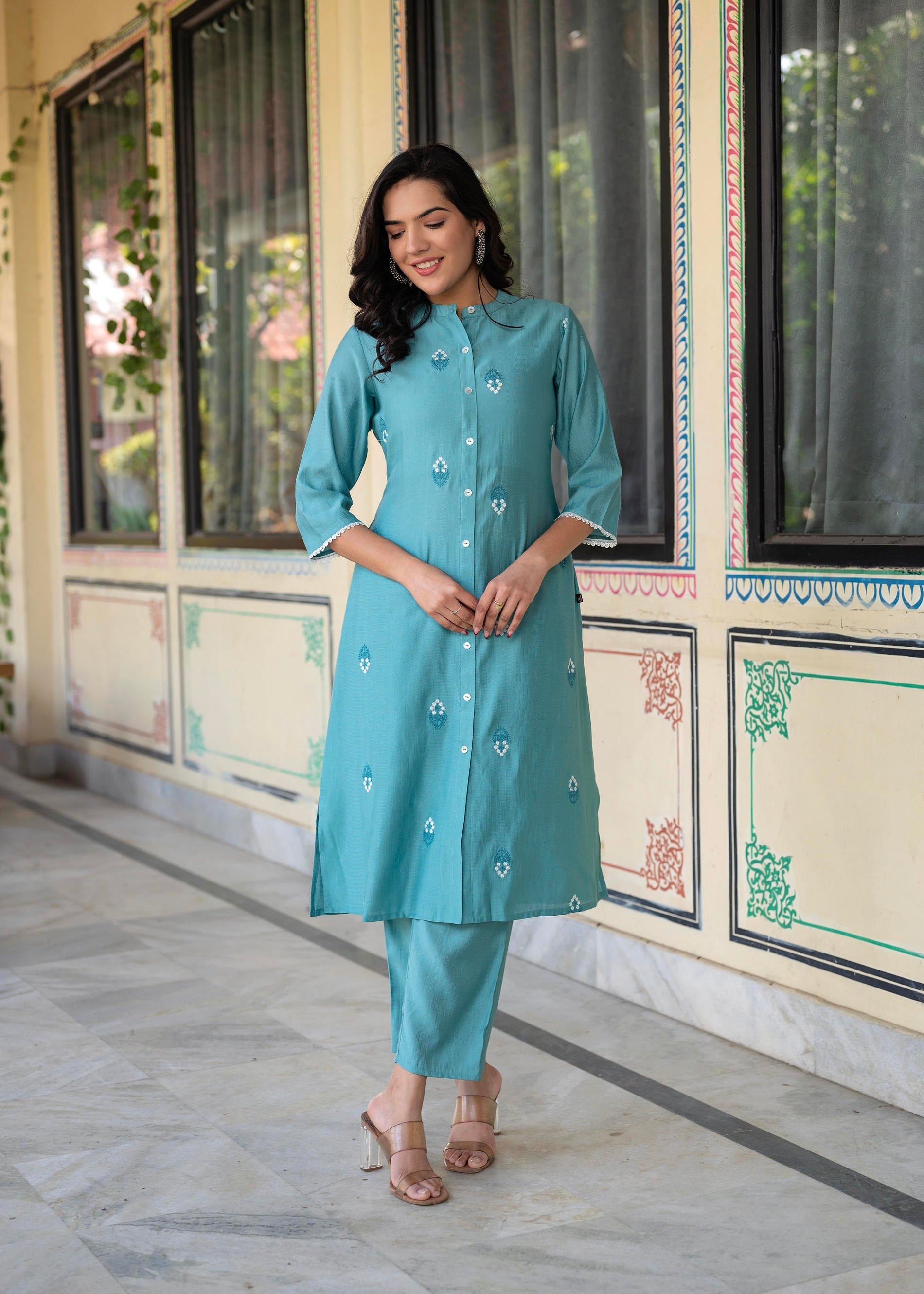 Juniper Turquoise embroiderd kurta and solid bottom with cotton lace