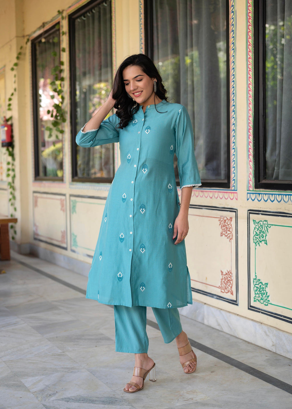 Juniper Turquoise embroiderd kurta and solid bottom with cotton lace