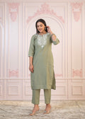 Juniper Sage Green Embroidered Viscose Kurta-Palazzo Set with Thread Work & Cotton Lace