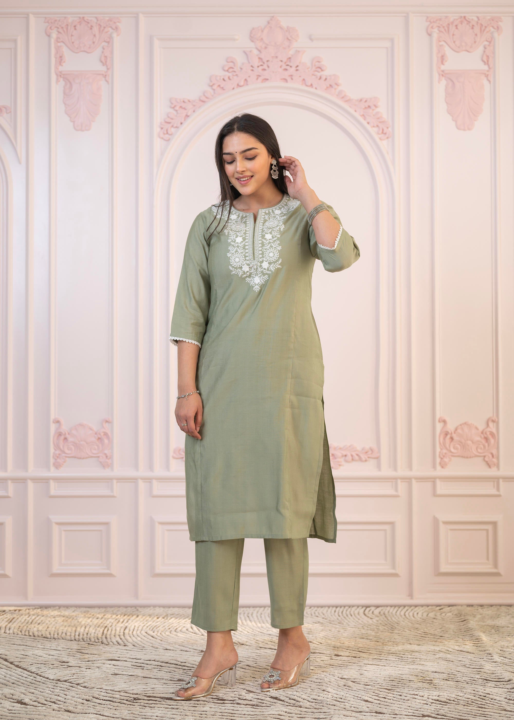 Juniper Sage Green Embroidered Viscose Kurta-Palazzo Set With Thread Work & Cotton Lace