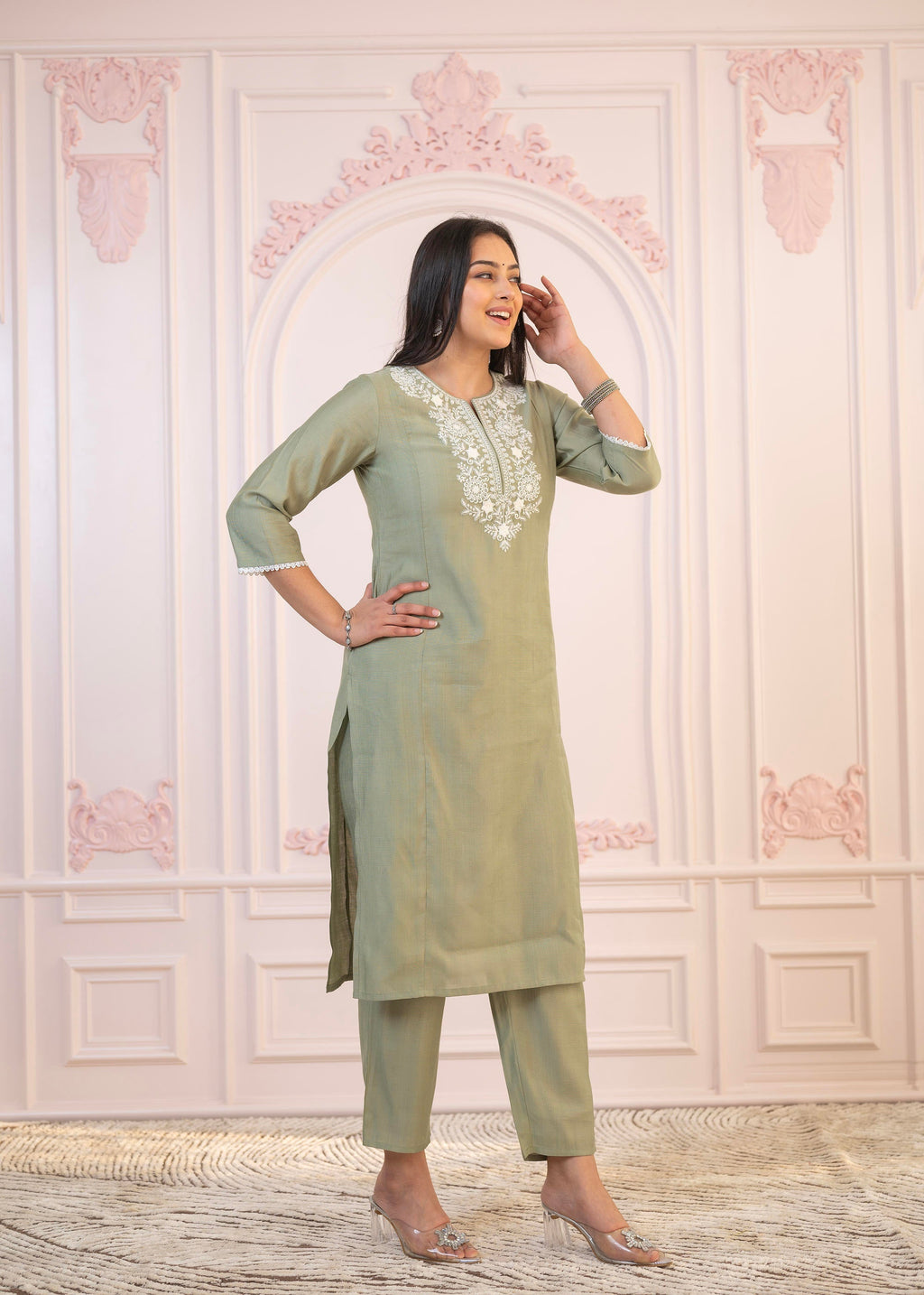 Juniper Sage Green Embroidered Viscose Kurta-Palazzo Set With Thread Work & Cotton Lace