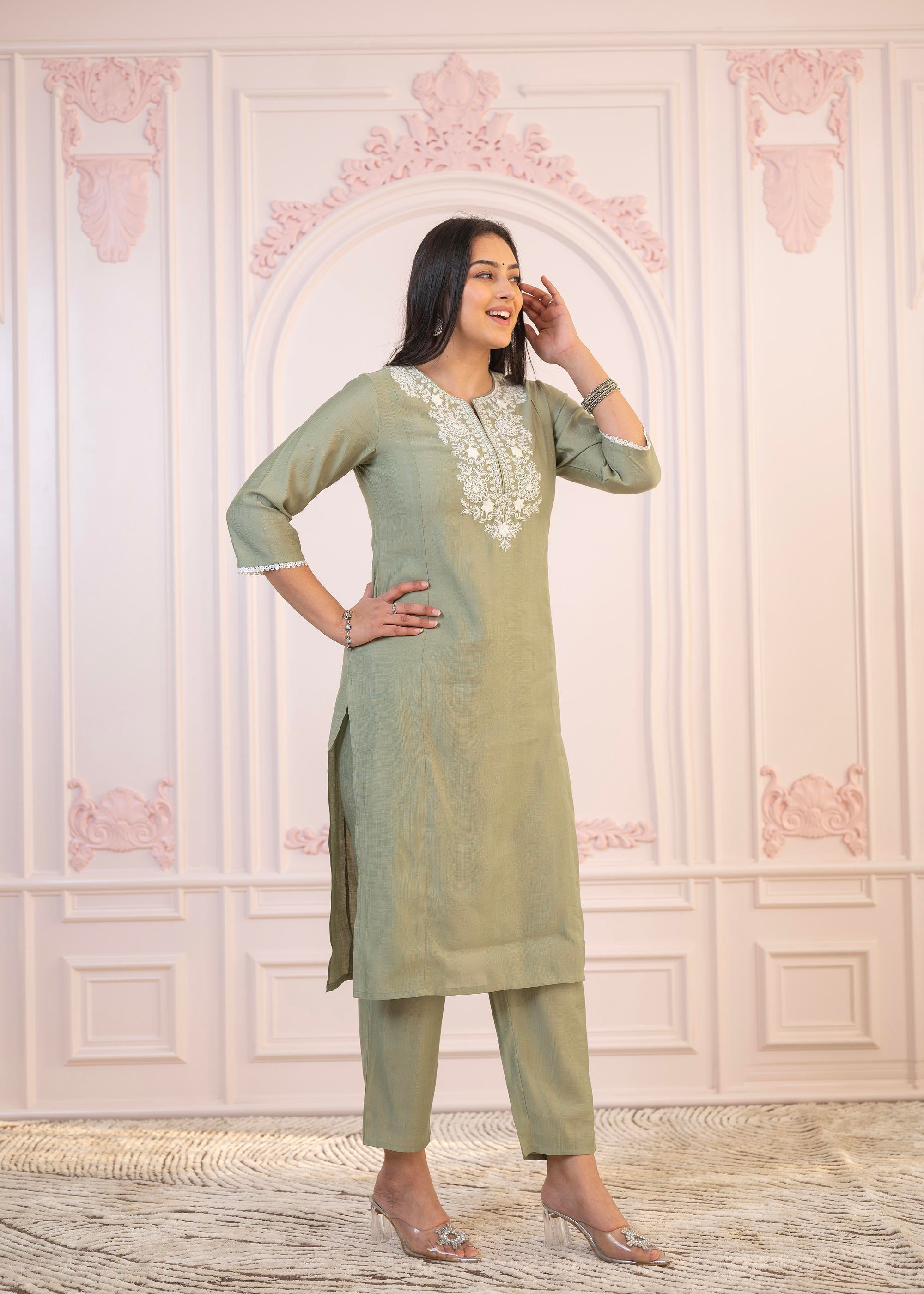 Juniper Sage Green Embroidered Viscose Kurta-Palazzo Set With Thread Work & Cotton Lace