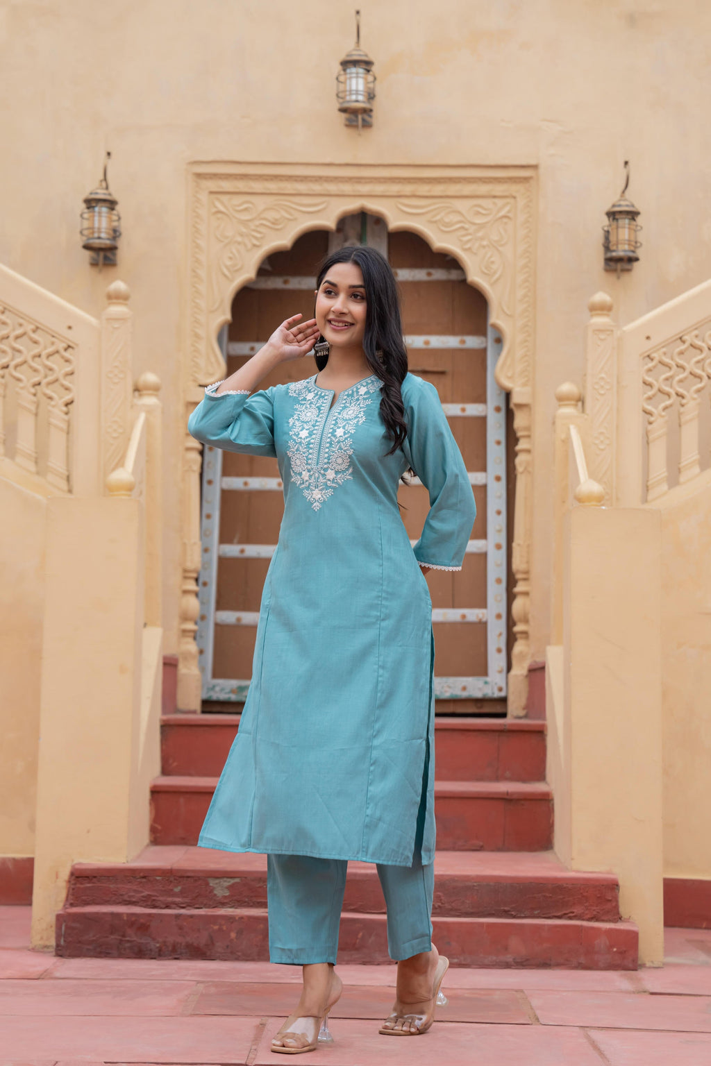 Juniper Turquoise Solid Viscose Kurta & Pant Set With Thread Work & Lace