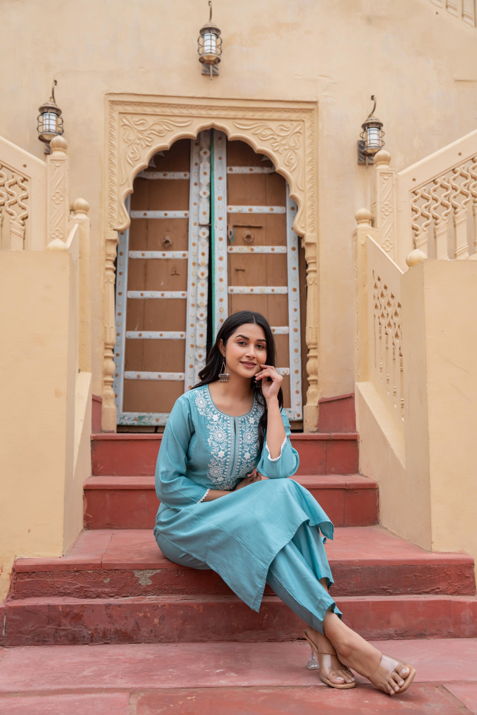 Juniper Turquoise Solid Viscose Kurta & Pant Set With Thread Work & Lace