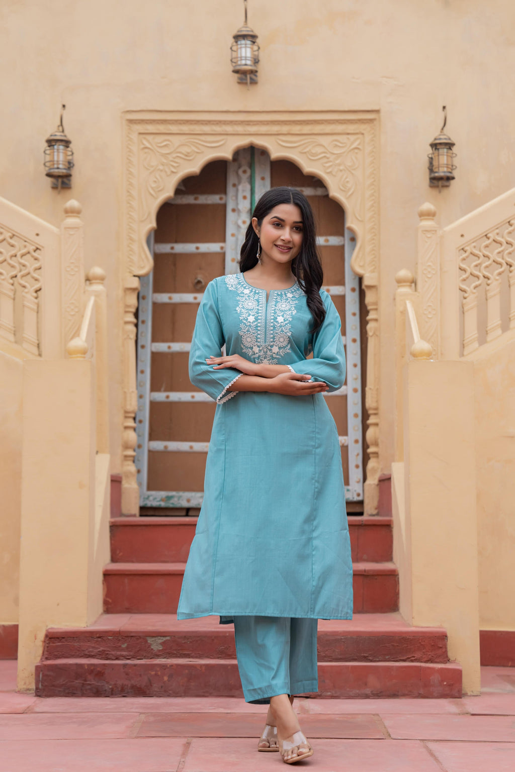 Juniper Turquoise Solid Viscose Kurta & Pant Set With Thread Work & Lace