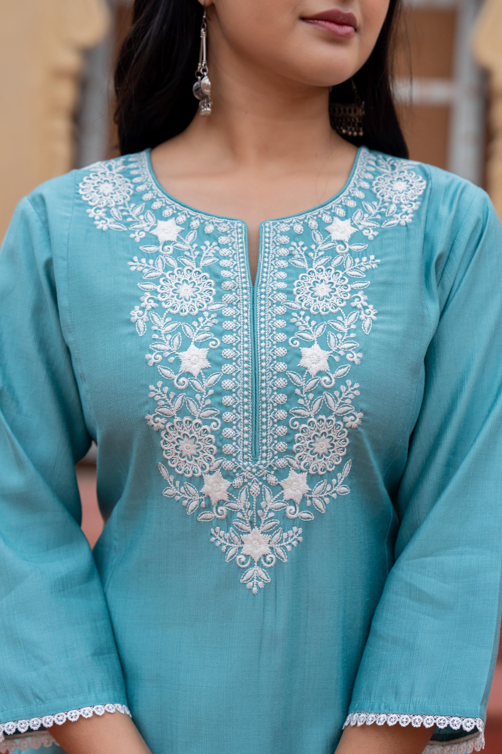 Juniper Turquoise Solid Viscose Kurta & Pant Set With Thread Work & Lace