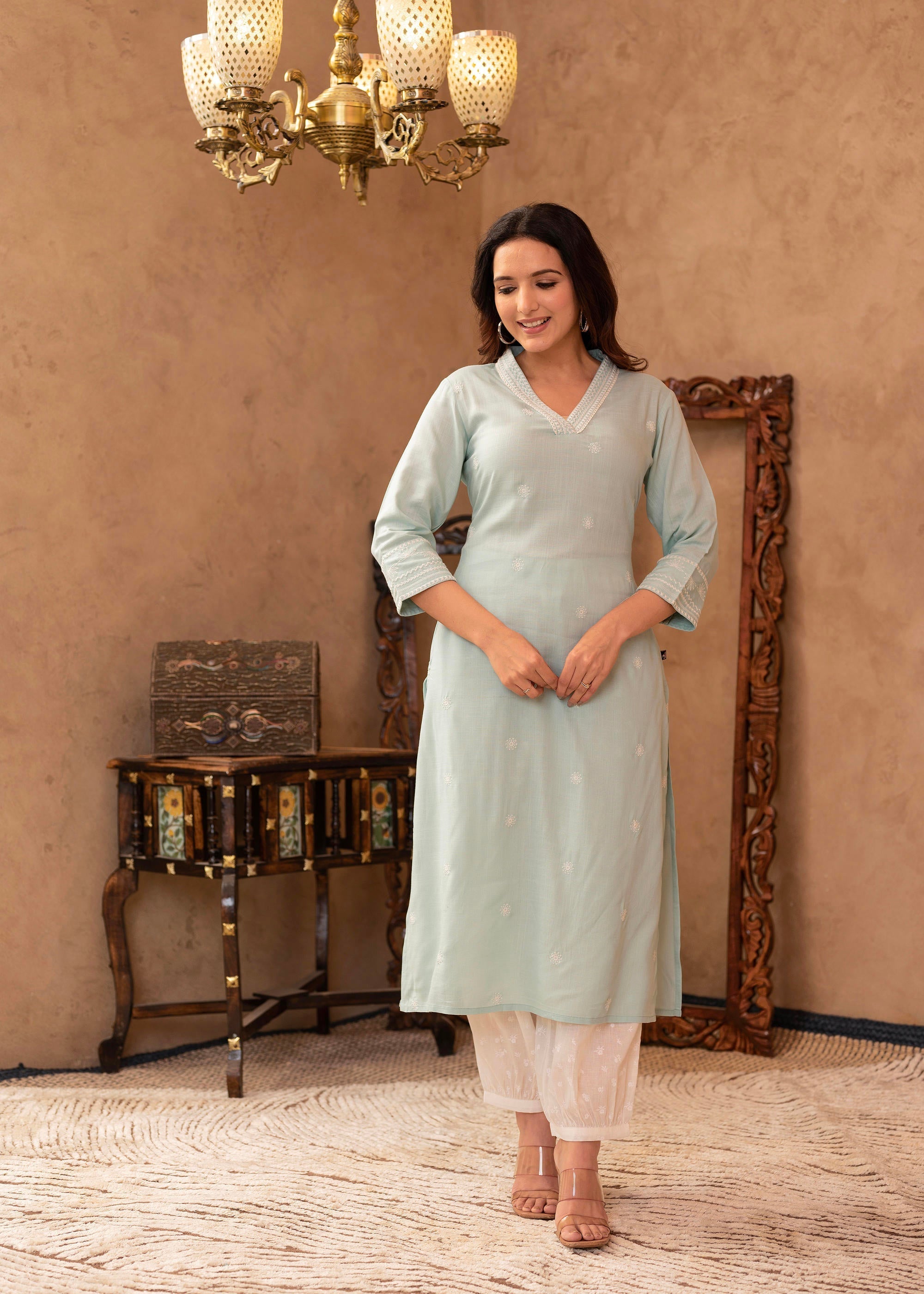 Juniper Aqua Viscose Kurta & Pant Set with Thread Work & Lace