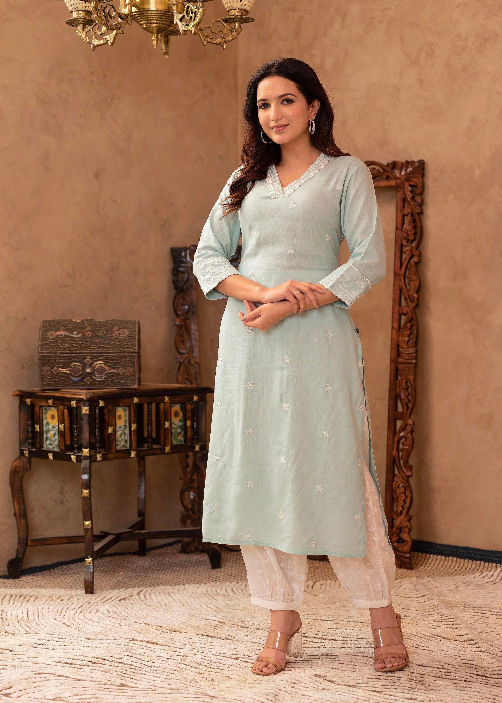 Juniper Aqua Viscose Kurta & Pant Set with Thread Work & Lace